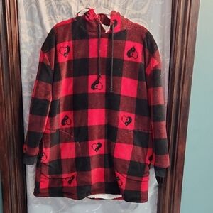 Red and Black Plaid Hoodie with Heart Pattern